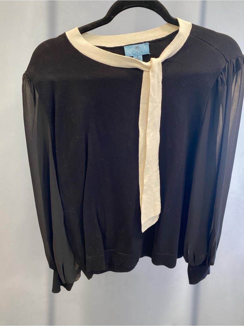(2) CeCe Black Blouse with Cream Tie Detail